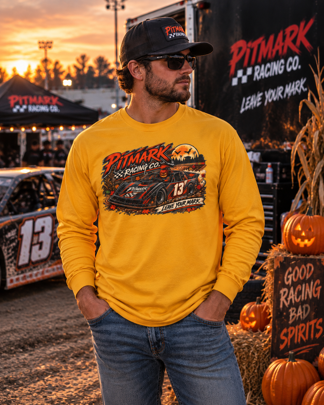 Racing Car Long Sleeve Tee — "Pitmark No. 13 Harvest Run" Vintage Motorsport Graphic