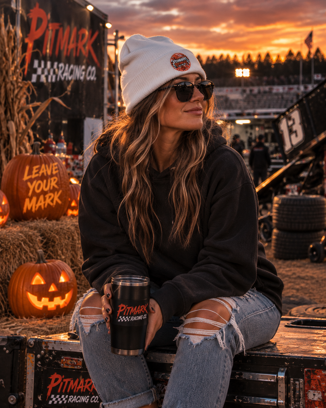 Embroidered 'Pitmark Racing Co.' Halloween Logo Cuffed Beanie - Classic Winter Knit Hat