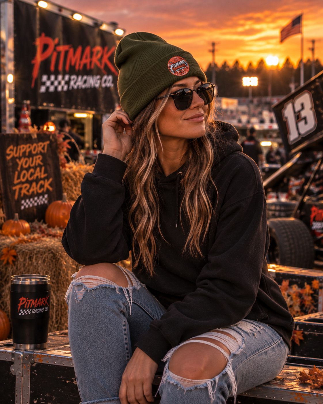 Embroidered 'Pitmark Racing Co.' Halloween Logo Cuffed Beanie - Classic Winter Knit Hat