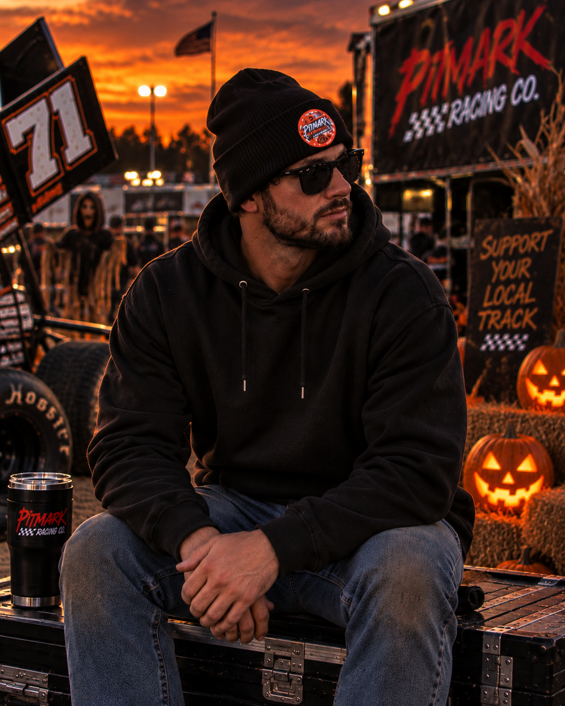 Embroidered 'Pitmark Racing Co.' Halloween Logo Cuffed Beanie - Classic Winter Knit Hat