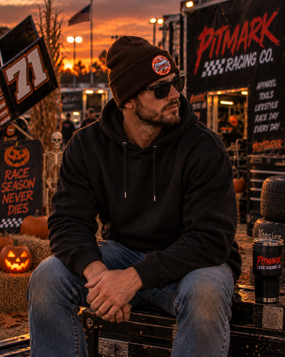 Embroidered 'Pitmark Racing Co.' Halloween Logo Cuffed Beanie - Classic Winter Knit Hat