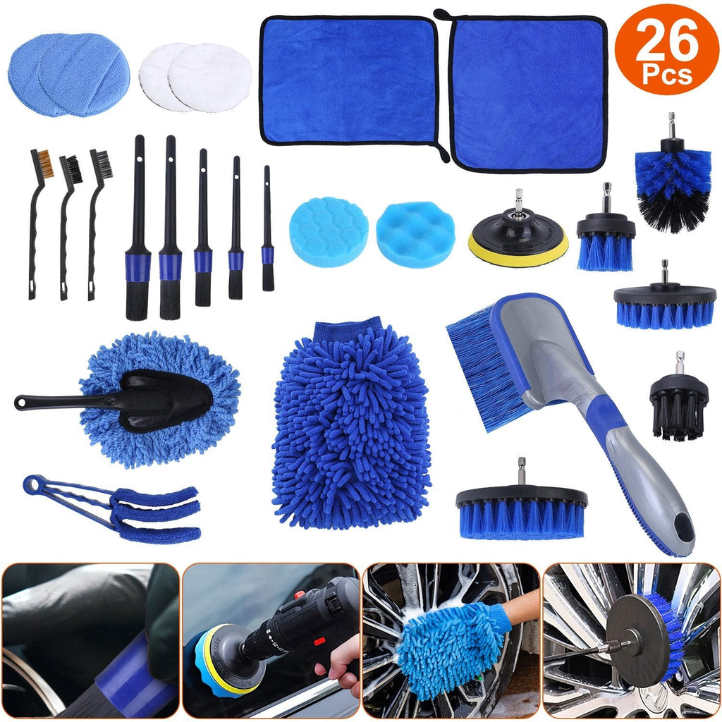 26Pcs Car Detailing Brush Kit Exterior Interior Car Cleaning Set Drill Brush Set Car Buffing Sponge Pads Kit for Cleaning Automobile Interior Exterior