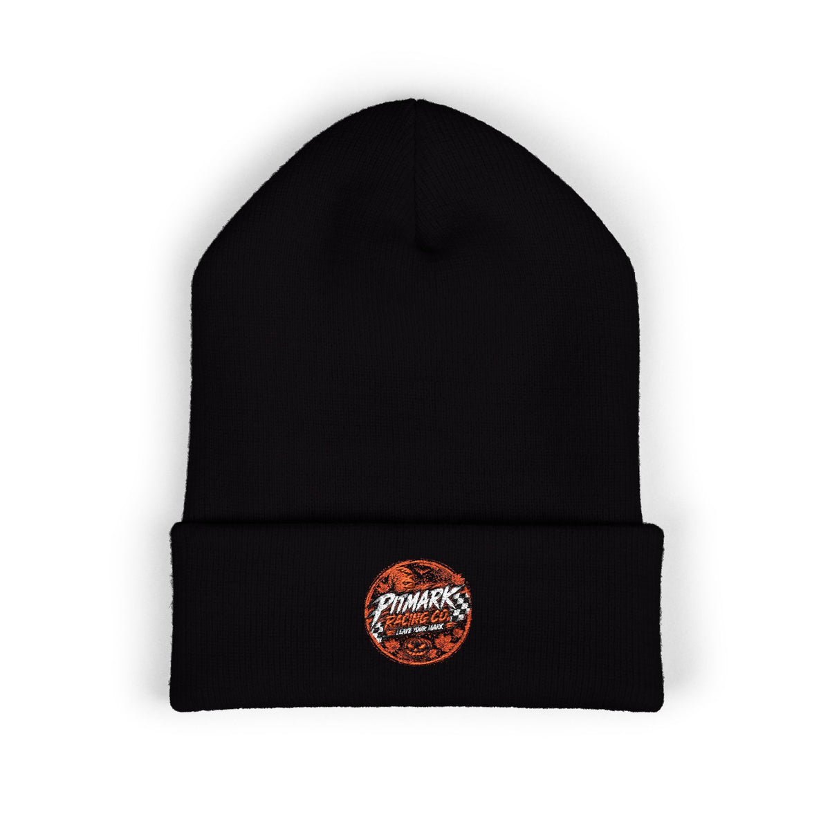 Embroidered 'Pitmark Racing Co.' Halloween Logo Cuffed Beanie - Classic Winter Knit Hat
