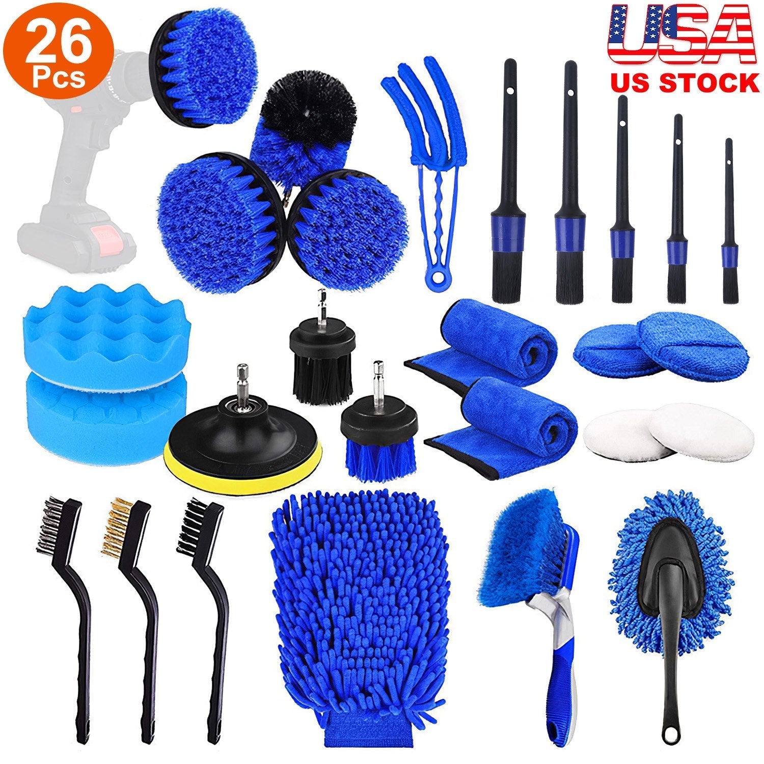 26Pcs Car Detailing Brush Kit Exterior Interior Car Cleaning Set Drill Brush Set Car Buffing Sponge Pads Kit for Cleaning Automobile Interior Exterior
