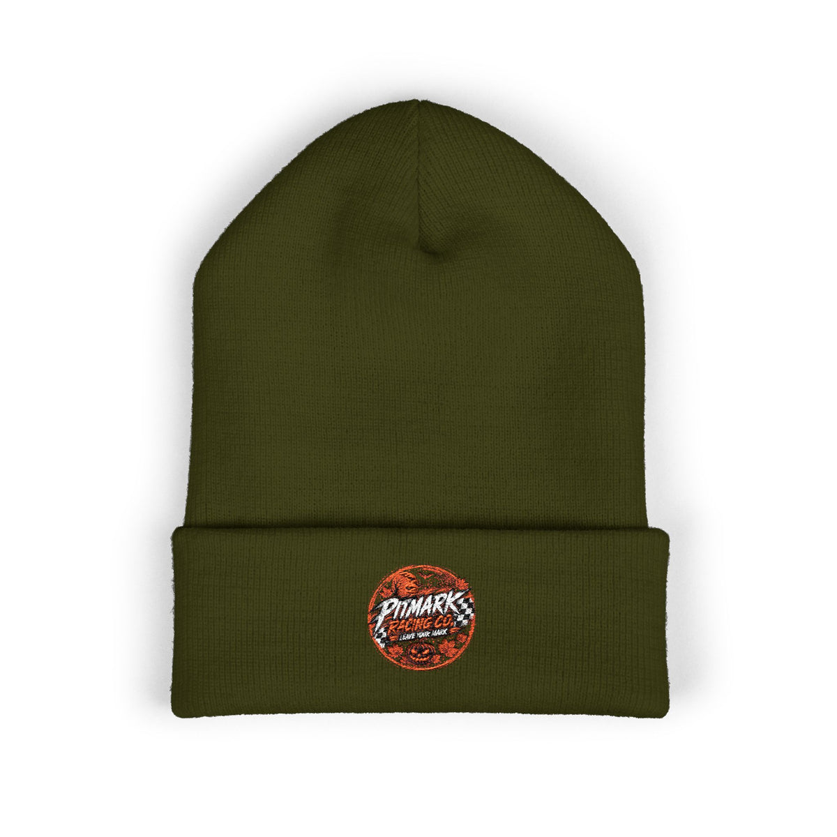 Embroidered 'Pitmark Racing Co.' Halloween Logo Cuffed Beanie - Classic Winter Knit Hat