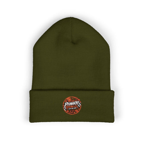 Embroidered 'Pitmark Racing Co.' Halloween Logo Cuffed Beanie - Classic Winter Knit Hat
