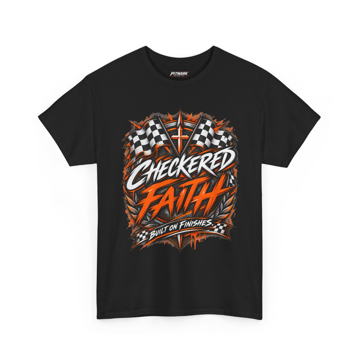 Checkered Faith Racing T-Shirt — "Built on Finishes" Graphic Tee