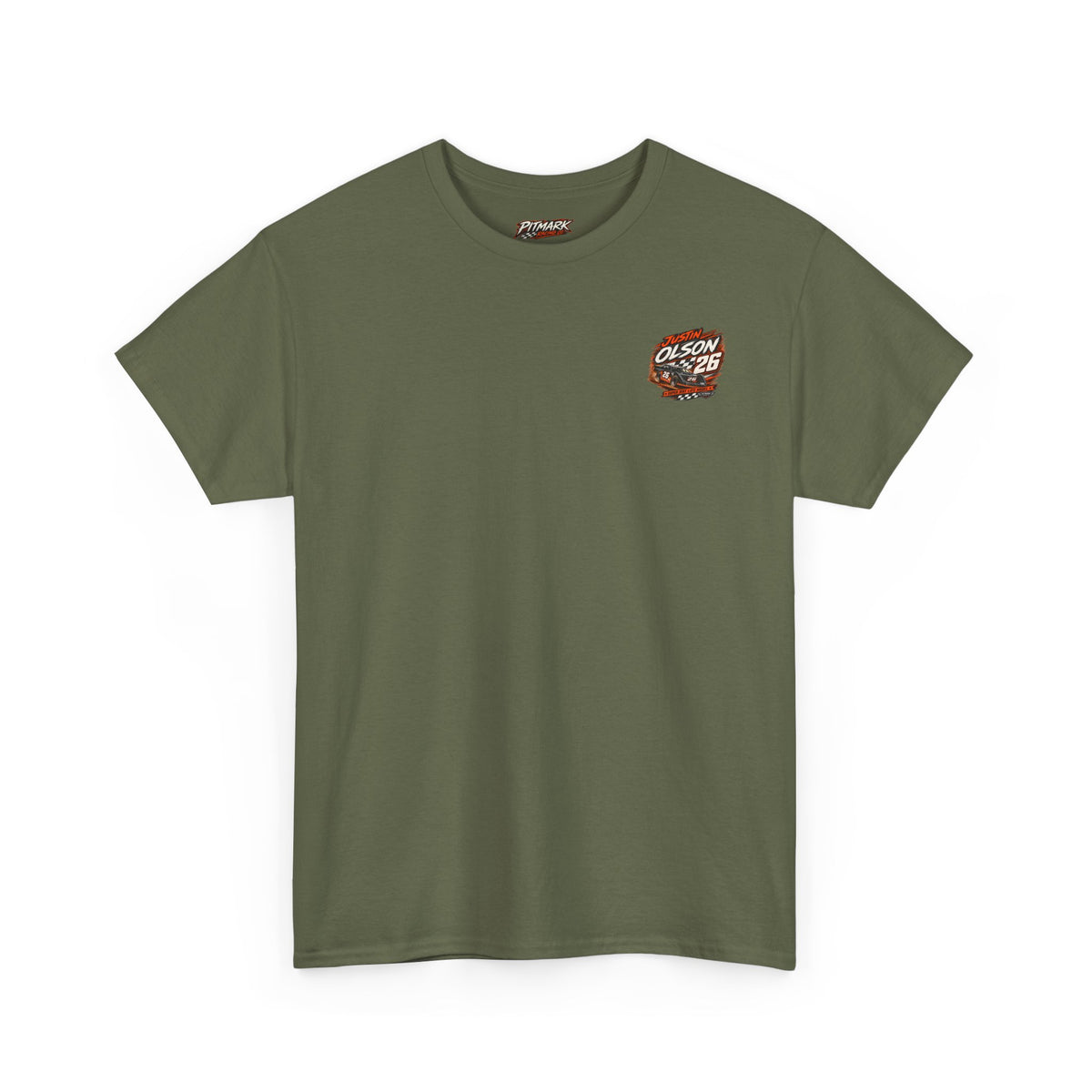 Racing Team Tee — '26 Justin Olson' Retro Checkered Back Graphic