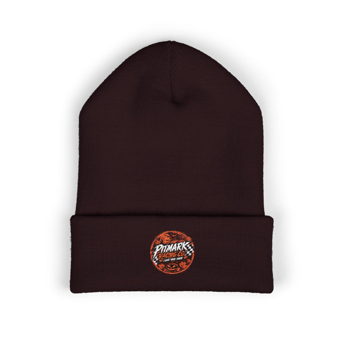 Embroidered 'Pitmark Racing Co.' Halloween Logo Cuffed Beanie - Classic Winter Knit Hat