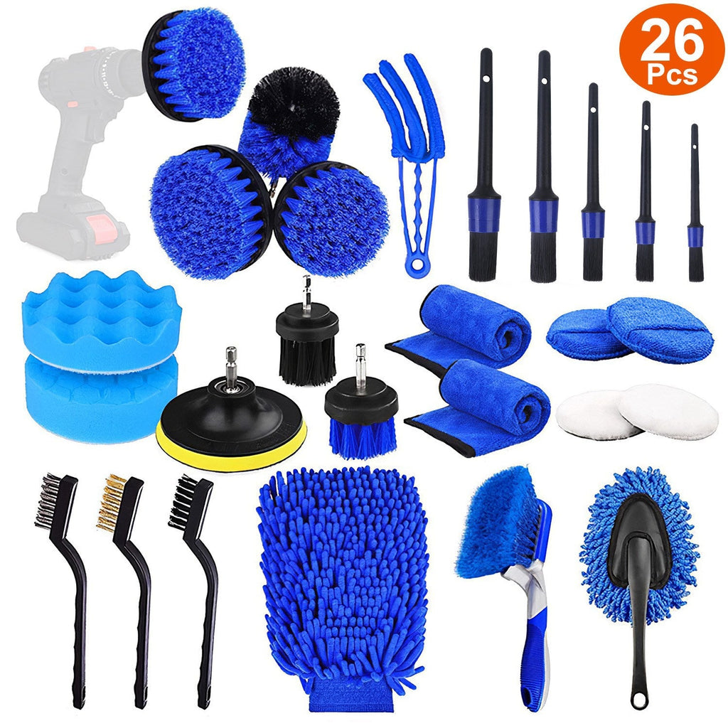 26Pcs Car Detailing Brush Kit Exterior Interior Car Cleaning Set Drill Brush Set Car Buffing Sponge Pads Kit for Cleaning Automobile Interior Exterior