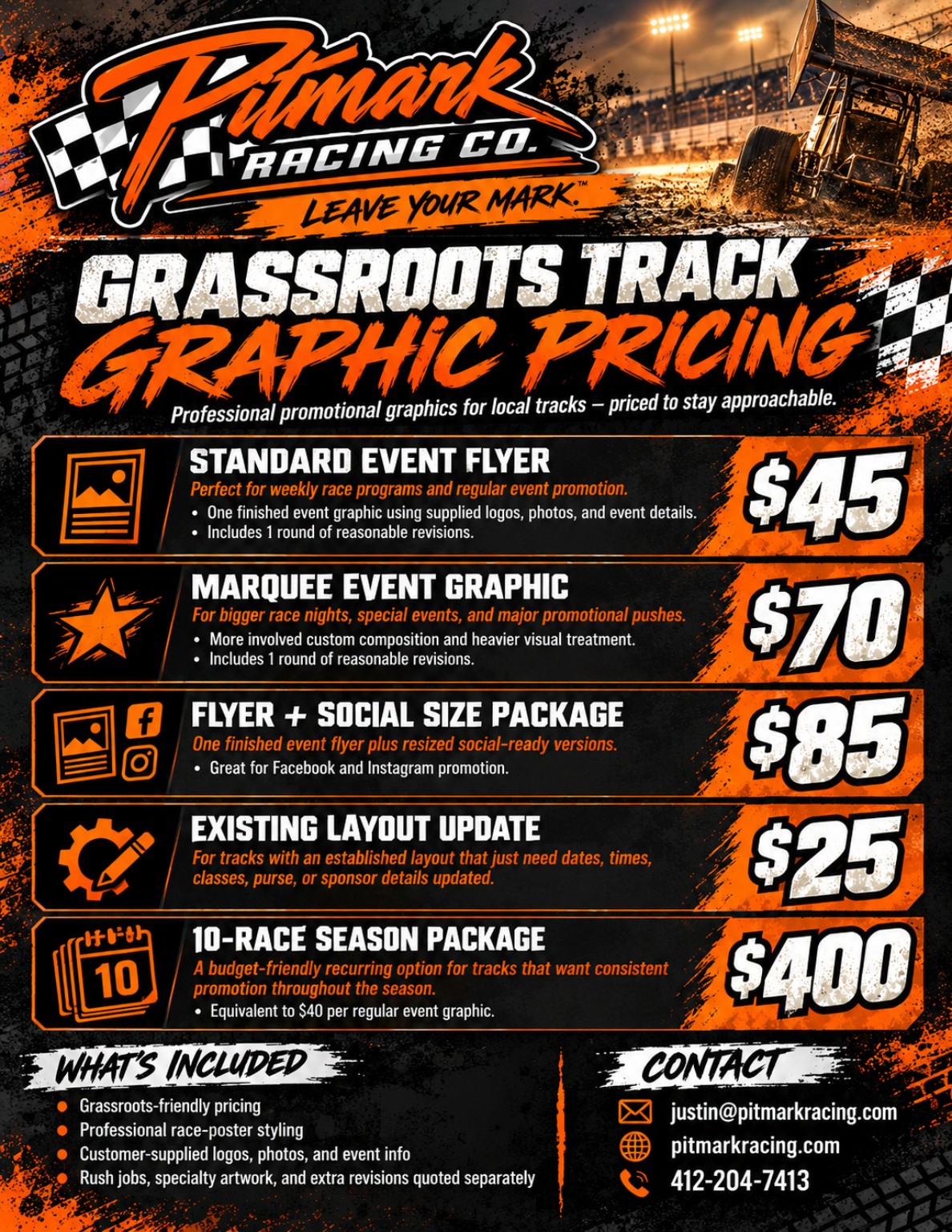 Pitmark Racing Co. grassroots track graphic design packages and pricing